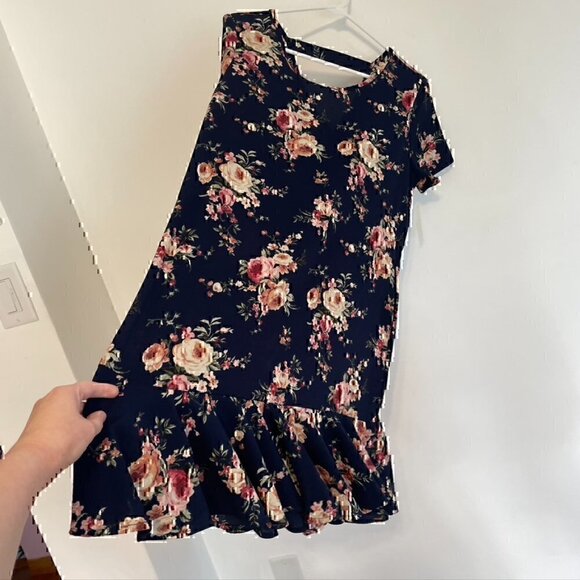 NEW NWT BLUE RAIN FRANCESCA'S Navy Blue Pink Cream Floral Ruffle Shift Dress M - Picture 5 of 11
